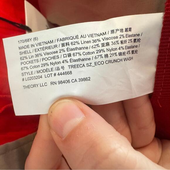 THEORY NWT Treeca 'Good Linen' Pull-On Pants Scarlet Red Eco Crunch Wash Office - Picture 11 of 12